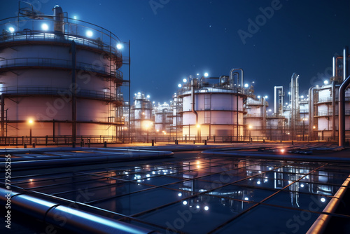  Medium shot of oil and gas terminal storage tanks of industrial plant or industrial refinery factor with a clear sky at night; in the desert the future of energy 