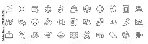 Execute, Graph chart and Cyber attack line icons. Pack of Video conference, Survey check, Target icon. Whisper, Digestion, Calendar pictogram. Safe time, Presentation board, Ethics. Line icons. Vector