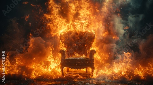 Armchair engulfed in flames with intense fire background photo