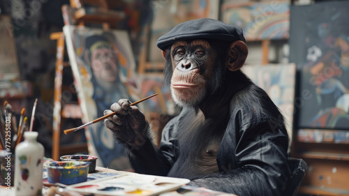 Chimpanzee painting in studio.