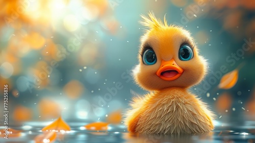 Adorable fluffy duckling with sparkling background
