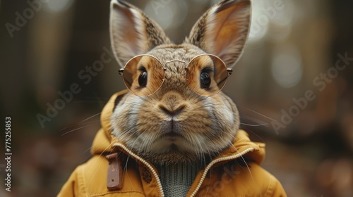 Rabbit dressed in a yellow jacket wearing glasses