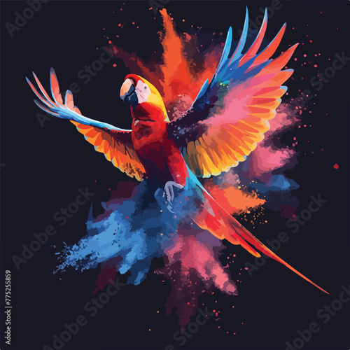 Flying Ara parrot over colourful powder explosion