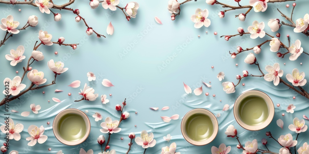 Fototapeta premium Three cups of green tea on a background of sakura and a light blue surface. Concept: spring promotions in cafes and restaurants and tea drinking traditions