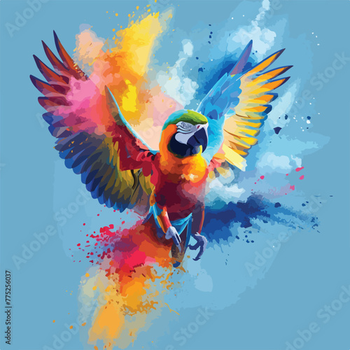 Flying Ara parrot over colourful powder explosion