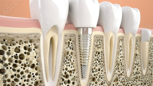 Computer model of a dental implant in the jaw bone. An intricate computer simulation showcasing the ideal placement of a dental implant in the jaw bone.