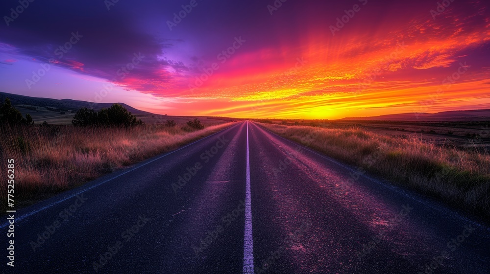 Sunset on an open road with dramatic sky