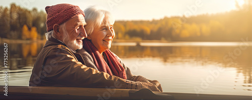 Elderly couple fishing on a serene lake © Alena