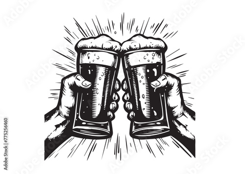 Two hands toasting with overflowing beer glass, hand drawn illustrations
