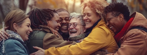Group therapy and support. Several middle-aged men and women hug, supporting each other during psychological practice outdoor. Mental health and empathy. Empathy. photo