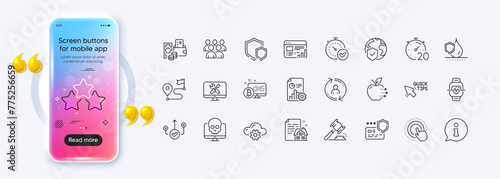 Report, Group and Fast verification line icons for web app. Phone mockup gradient screen. Pack of Timer, Cloud computing, Web report pictogram icons. Vector