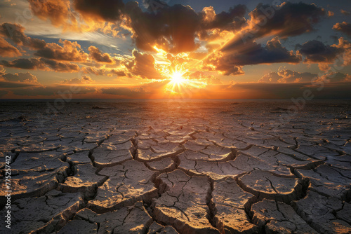 Severe drought desert landscape with cracked mud and intense sunlight, global warming concept. photo