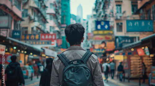 Urban Explorer in Hong Kong. A young man with a backpack embarks on an urban adventure, surrounded by the vibrant signs and bustling streets of Hong Kong.