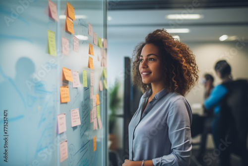 A woman standing in front of a white board in office