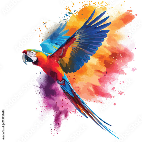 Flying Ara parrot over colourful powder explosion