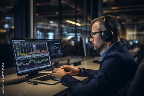 A man wearing headphones is seated in front of a computer screen, focused on analyzing performance metrics for a call center. He appears engaged in enhancing productivity and efficiency