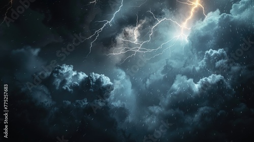 Dark sky filled with clouds and lightning. Perfect for weather or dramatic backgrounds