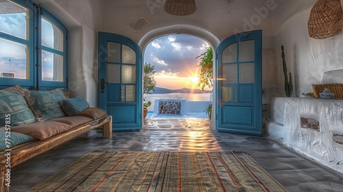Cycladic greek island home white walls, blue doors, traditional furniture, santorini sunset