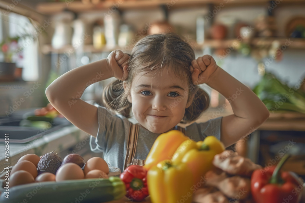 A young girl is smiling and holding her arms up in the air while standing in front of a table full of vegetables