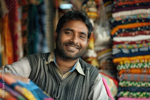 A man sitting in front of a pile of cloth. Suitable for textile industry concepts
