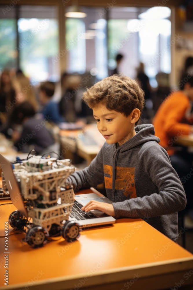 A young boy is seated at a table, focused on using a laptop computer. He appears to be engaged in a learning activity, potentially coding or working on a project A young boy is seated at a table, focused on using a laptop computer. He appears to be engaged in a learning activity, potentially coding or working on a project