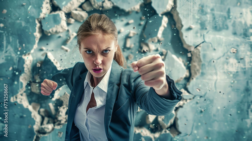 A woman in a suit is punching a wall. The image is a representation of a woman\'s inner strength and determination
