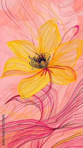 Abstract illustration of a yellow flower with pink swirls