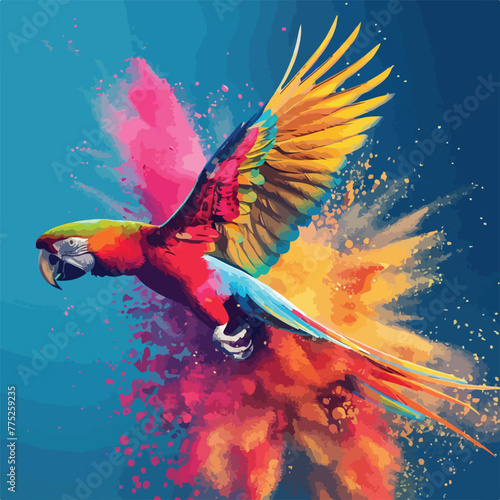 Flying Ara parrot over colourful powder explosion