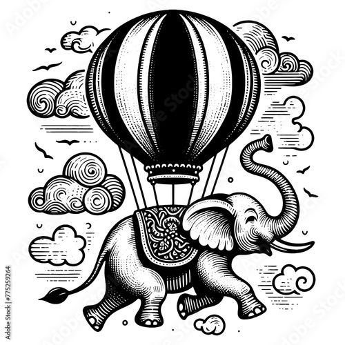 Fantasy Hot Air Balloon with Elephant Illustration photo