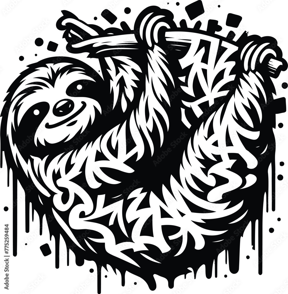 sloth, animal silhouette in graffiti tag, hip hop, street art typography illustration