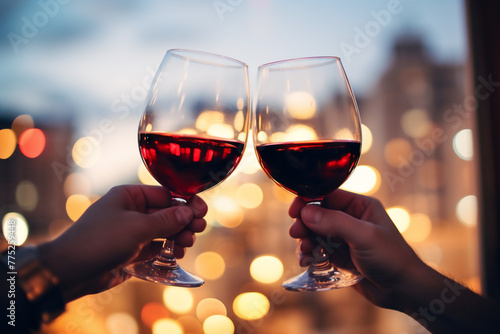 two people hands toasting with red wine glasses during a party at home with a city background during the day, a happy celebration concept 