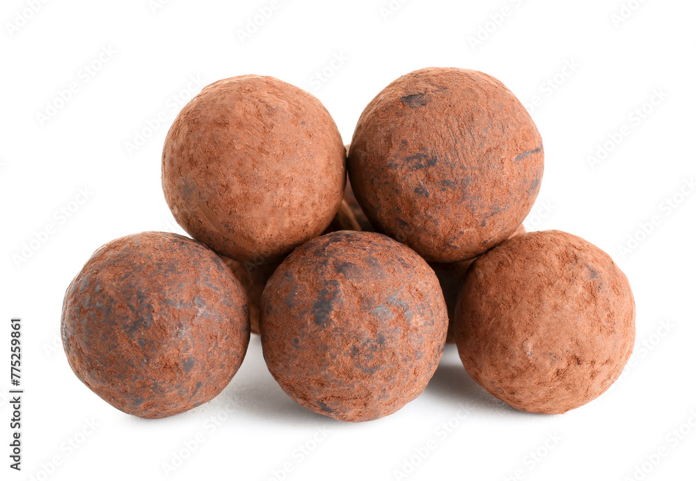 Tasty chocolate truffles on white background Tasty chocolate truffles on white background