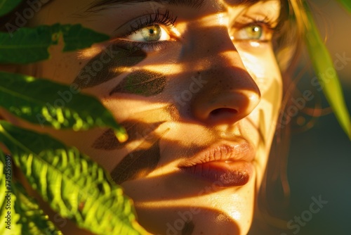 Close-up of a woman s face covered in leaves. Versatile image suitable for various nature or beauty concepts