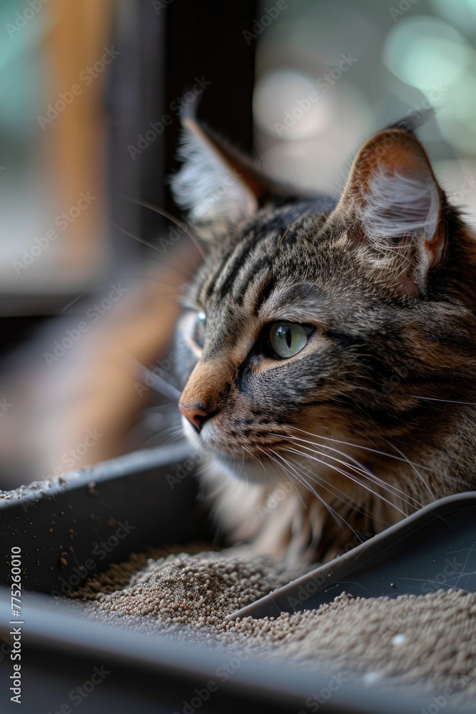 A cat relaxing in a litter box on a window sill. Perfect for pet care promotions