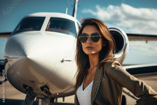 A gorgeous Latin traveller woman standing in front of an private airplane on a sunny day, a frontal angle 