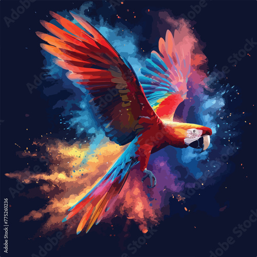 Flying Ara parrot over colourful powder explosion