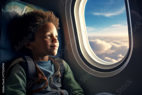 A gorgeous South-Africanchild man sitting in an airplane next to the window chatting with the person next to him, with a sunny sky visible through the airplane window, a frontal angle  © pangamedia