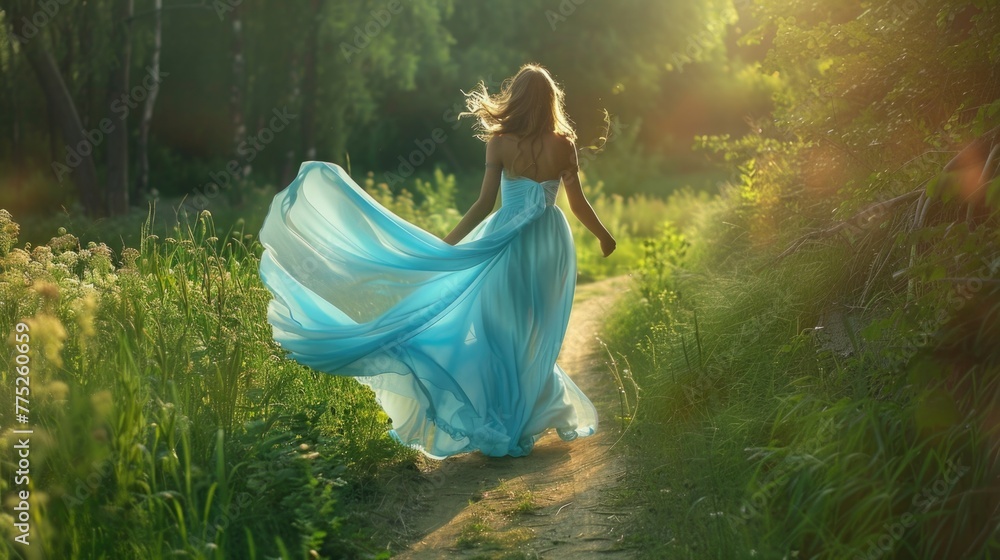 A woman in a blue dress walking down a scenic path. Suitable for travel or lifestyle concepts
