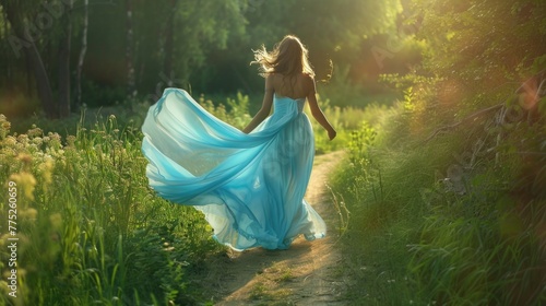 A woman in a blue dress walking down a scenic path. Suitable for travel or lifestyle concepts