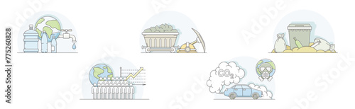 Environmental Issues and World Resources Destruction Line Vector Set