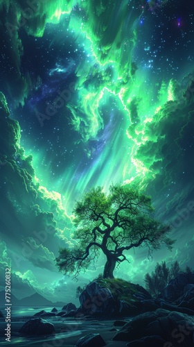 Enchanting Green Aurora Borealis in Fantasy Landscape Generative AI
