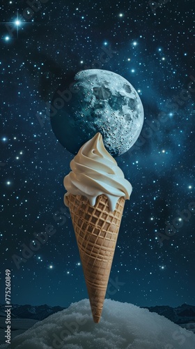 Ice cream cone with moon and stars in the background