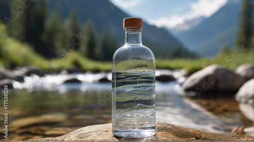 A bottle of fresh, cool mineral water against the background of clean unpolluted river and mountain landscape