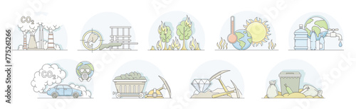 Environmental Issues and World Resources Destruction Line Vector Set