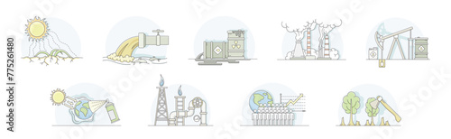 Environmental Issues and World Resources Destruction Line Vector Set