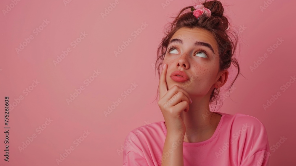 A woman wearing a pink shirt and a pink bow on her head. Suitable for fashion or lifestyle concepts
