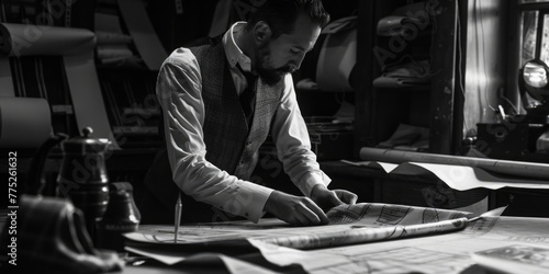 A man in a vest and tie working on a piece of paper. Suitable for business and office concepts