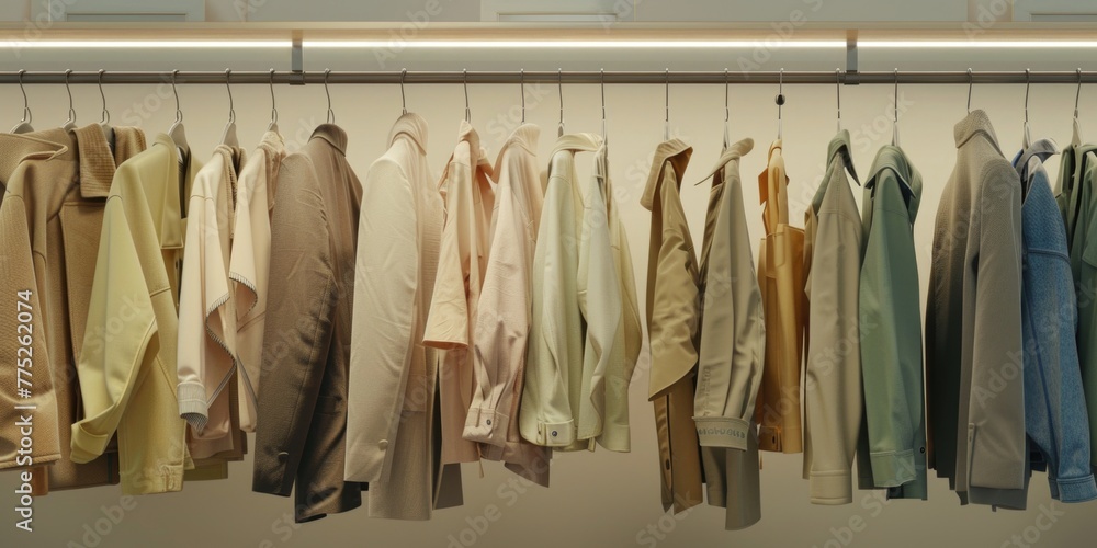 Row of men's shirts hanging on display rack. Perfect for clothing store advertisement Row of men's shirts hanging on display rack. Perfect for clothing store advertisement