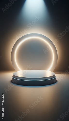 empty rounded podium, illuminated softly by a neon light. 3d stage for product display. an abstract platform for product presentation. podium for advertisement. tech products mockup. empty studio room