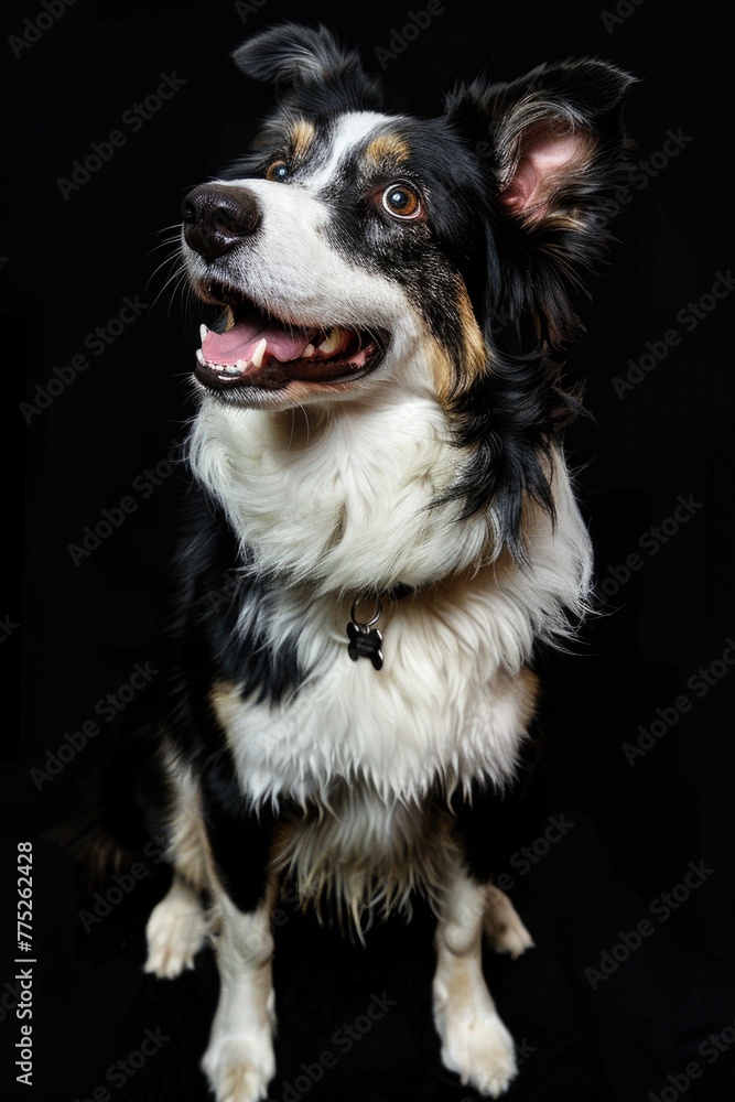 A black and white dog sitting on a black background. Suitable for pet-related designs